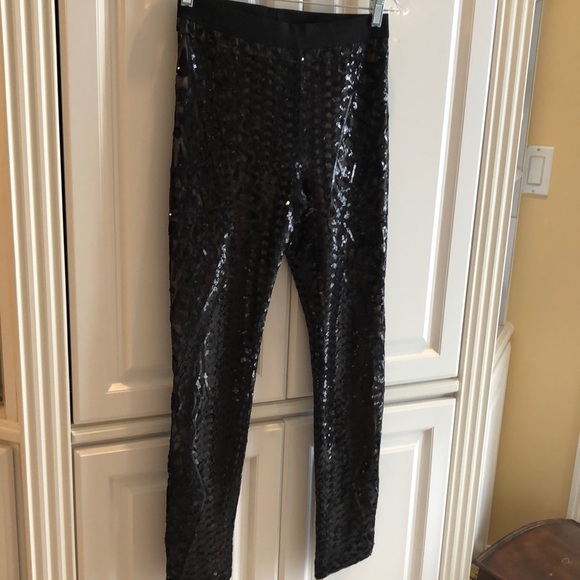 🖤 Black sequins + mesh pattern, beige lined stretch elastic band waist leggings - Picture 3 of 12